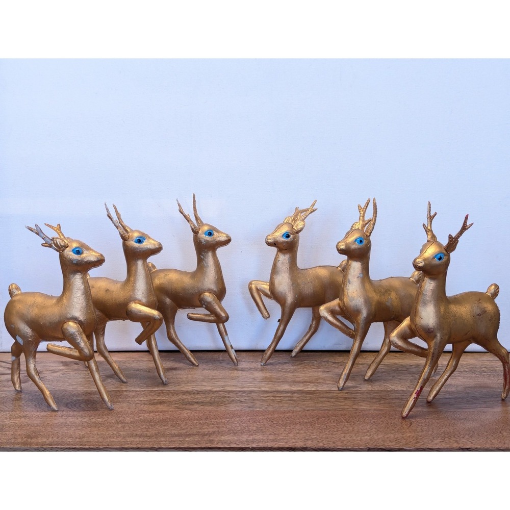Vintage Gold Plastic Christmas Reindeer 6" Figures Hong Kong (Set Of 6)
